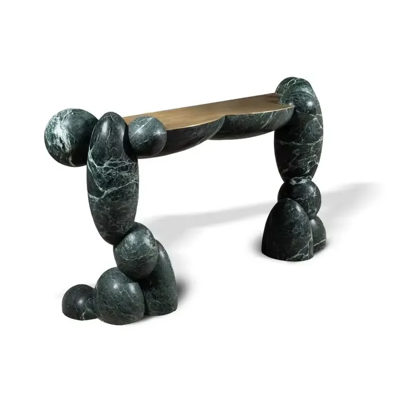 YUSHI Artistic Sculptural Verde Alpi Green Marble Table Natural Stone Entry Table for Villa Hotel Lobby