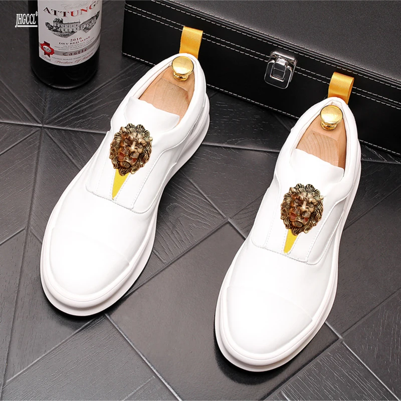 NEW Men\'s small white shoes a slip-on leather white casual board set feet loafer shoes network red lazy shoes processing A01