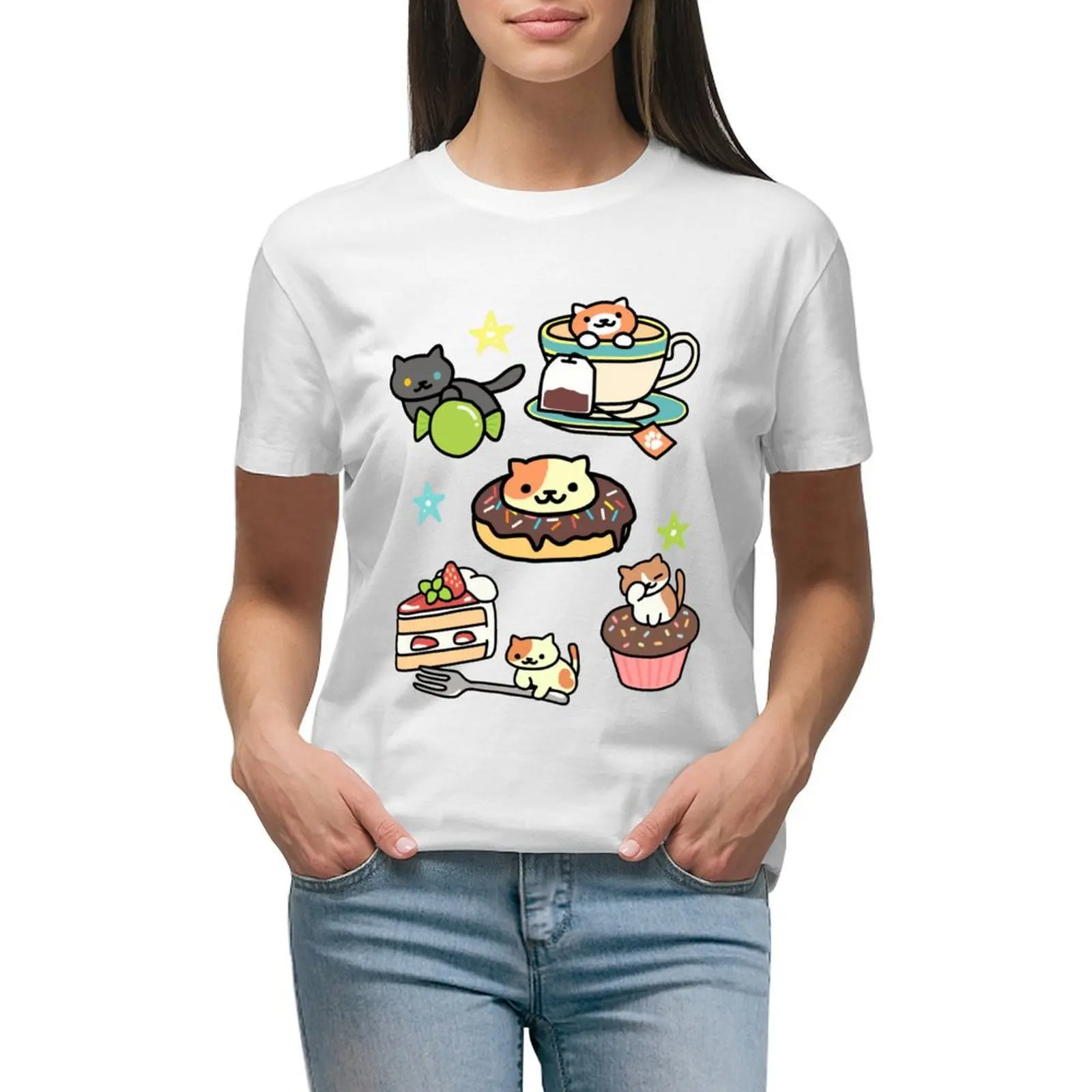 

Neko Atsume Coffee Mug T-shirt cute tops funny tops t shirts for Women loose fit