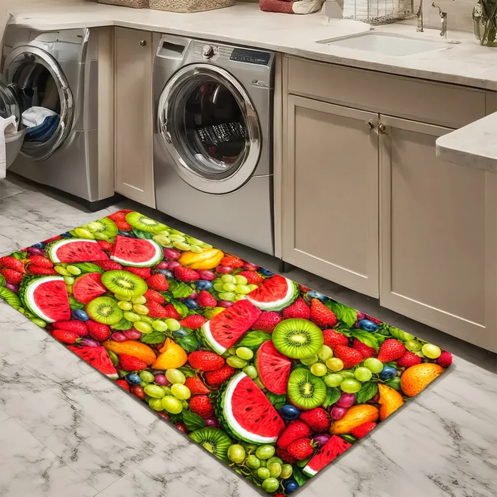 3PCS Mat Set,  Home Decoration for Front Door, Kitchen,  Watermelon Kiwi Strawberry Mango Grape Pattern Print Kitchen Rug.