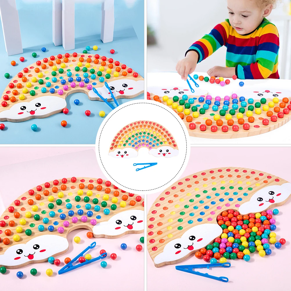 1 Set Of Bead Clipping Game Rainbow Wooden Board Puzzle For Kids Color Recognition Intelligence Development Training Plaything