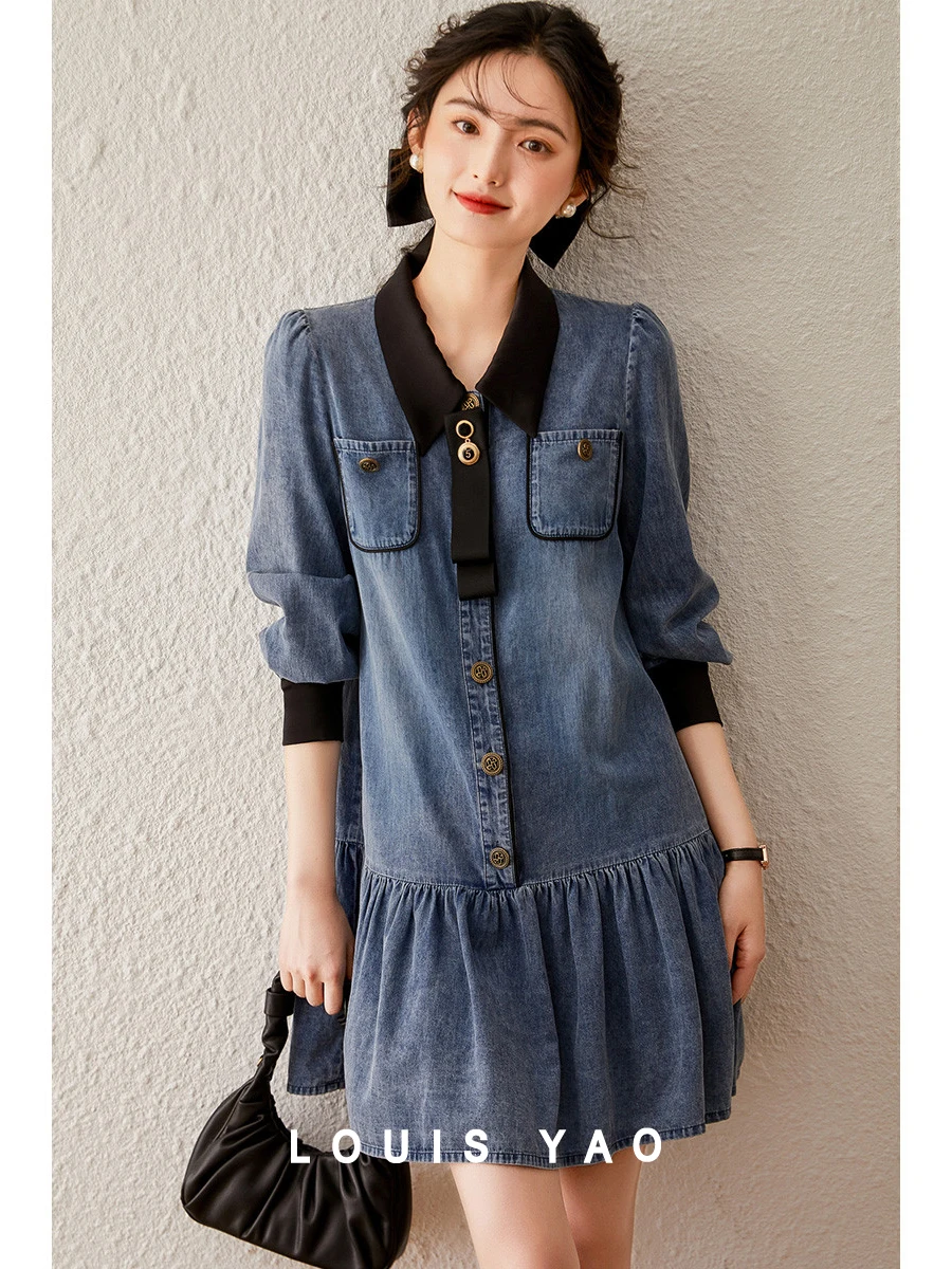 LOUIS YAO Women Dress 2024 Summer Fashionable Washed Denim Dress Detachable Bow Tie Long Sleeve Polo Neck Short Dress for Women