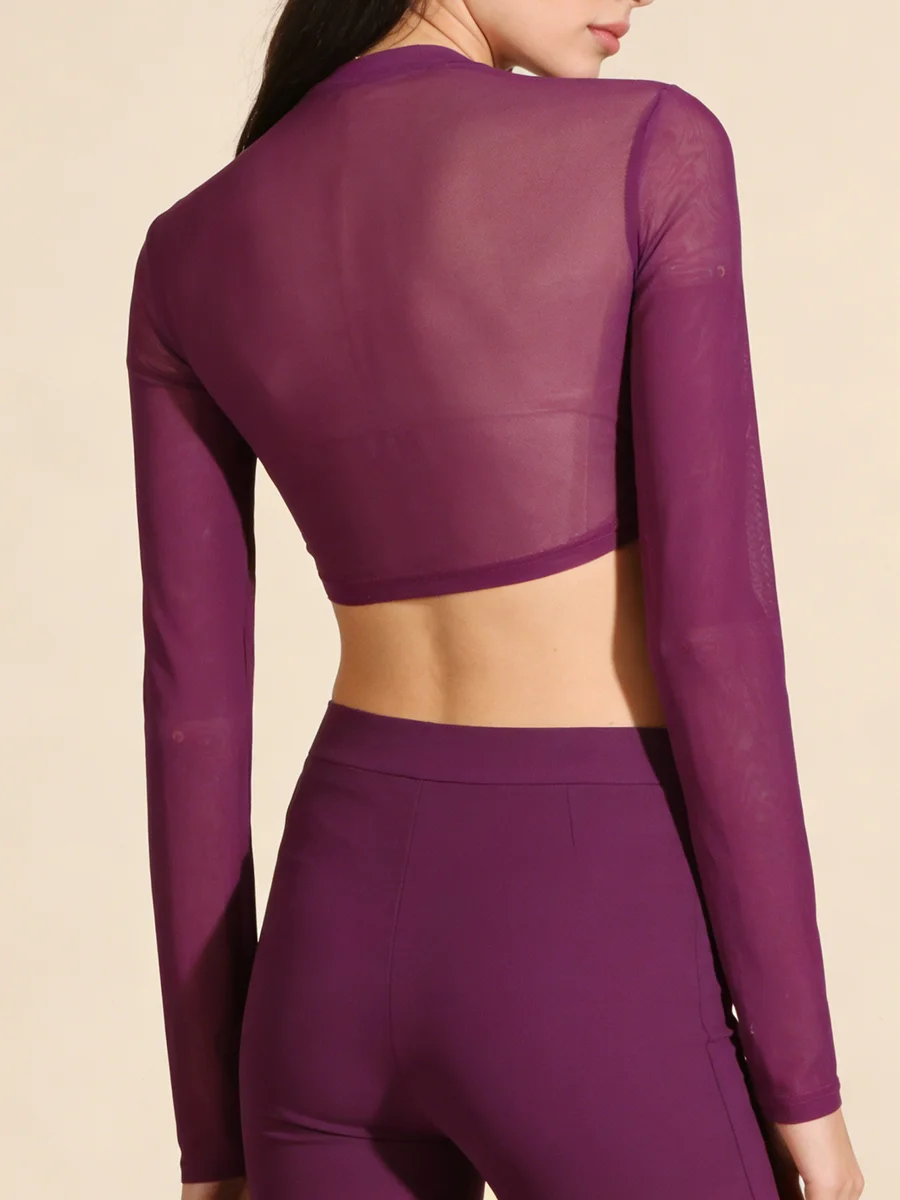 TWOTWINSTYLE Purple Cut Out Short T Shirt for Women Stand Collar Slim Long Sleeve Metal Chain Accent for Stylish Music Festival