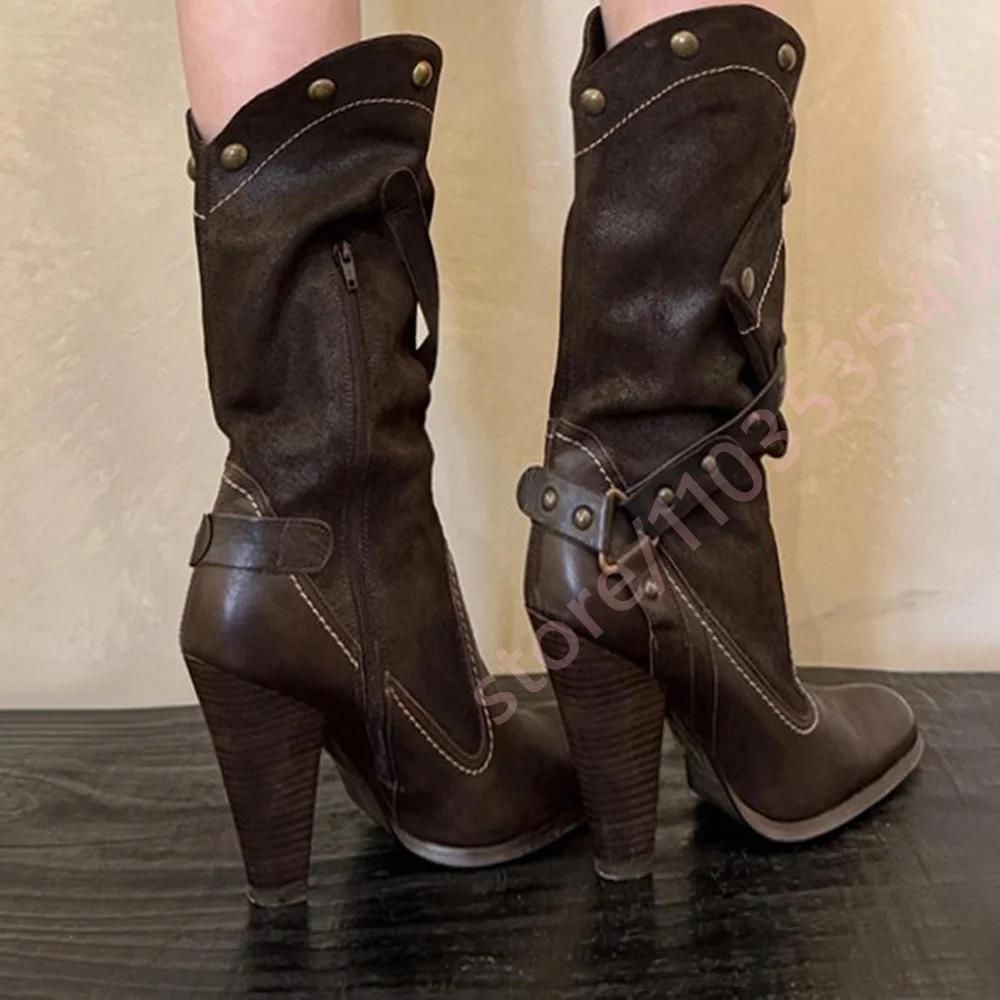 Women Western Cowboy Boots 2026 Pointed Toe Chunky Block Heel Studded Buckle Straps Side Zipper Retro Party Casual Long Boots