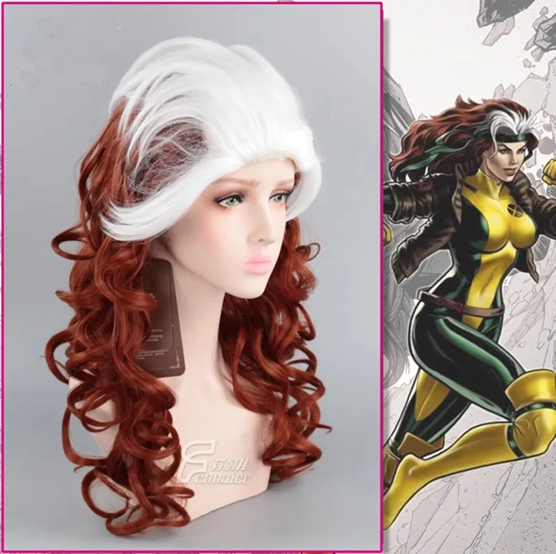 X MAN Rogue Anna Marie Cosplay Kostüm Kopfbedeckung Prop Perücke Weißer Farbverlauf Braun Langes lockiges Haar