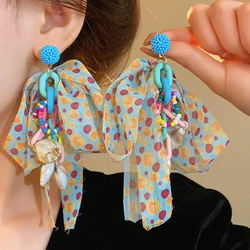 Dopamine Ribbon Bow Shell Beads Earrings Women Girls Candy Color Crystal Beads Fringe Earrings Summer Fashion Beach Jewelry A