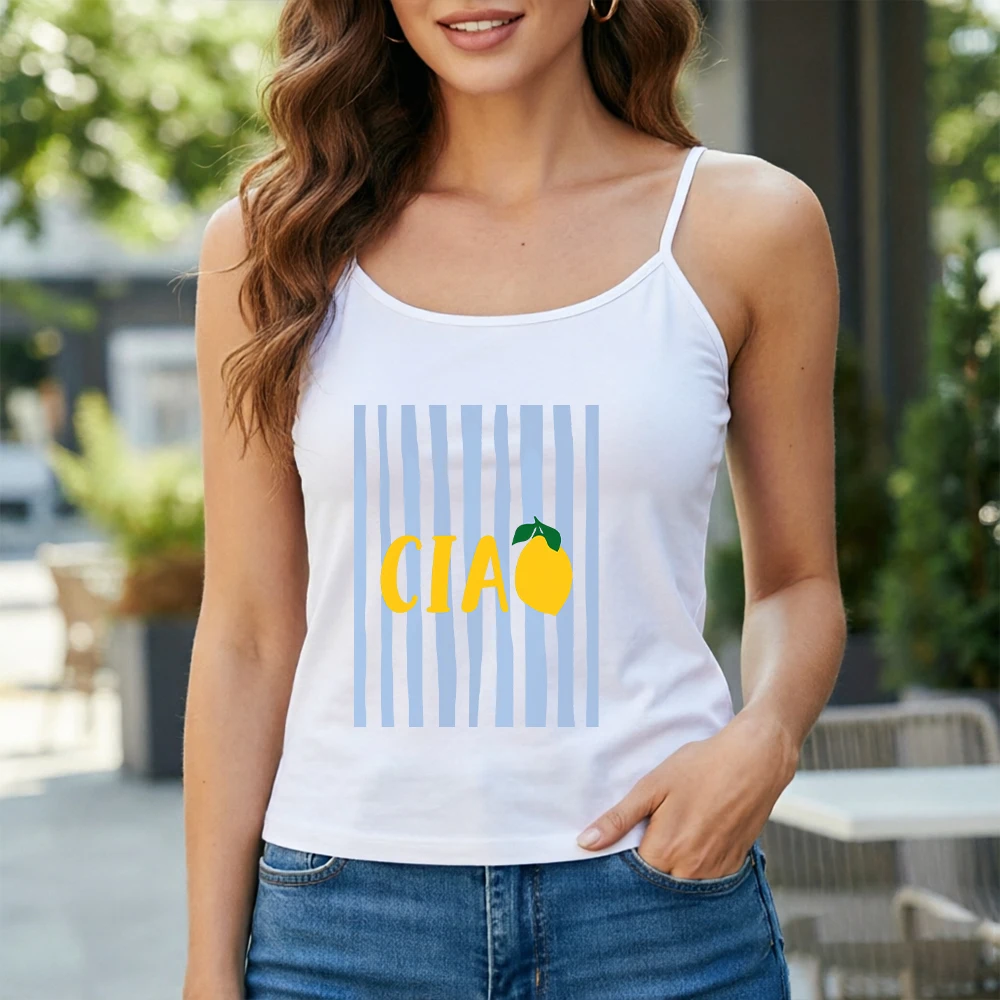 Trendy Ciao Lemon Graphic Cami Top Mediterranean Beach Holiday Striped Camisole Sleeveless Fruit Tank Tops for Women