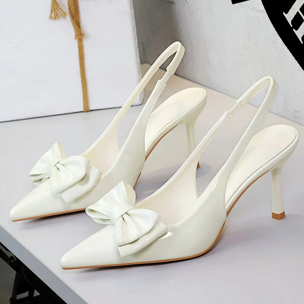 BIGTREE Shoes White Women Pumps Bowknot High Heels Patent Leather High-heeled Sandals Women Summer Shoes Stiletto Heels 8 cm