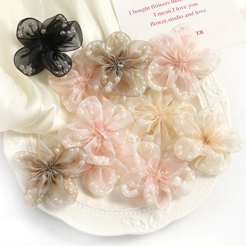 10pcs/Lot 2 Inch Silk Lace Flower With Pearl Inside Craft Material Decoration For Dress Wedding Marriage Hats Shoes Christmas