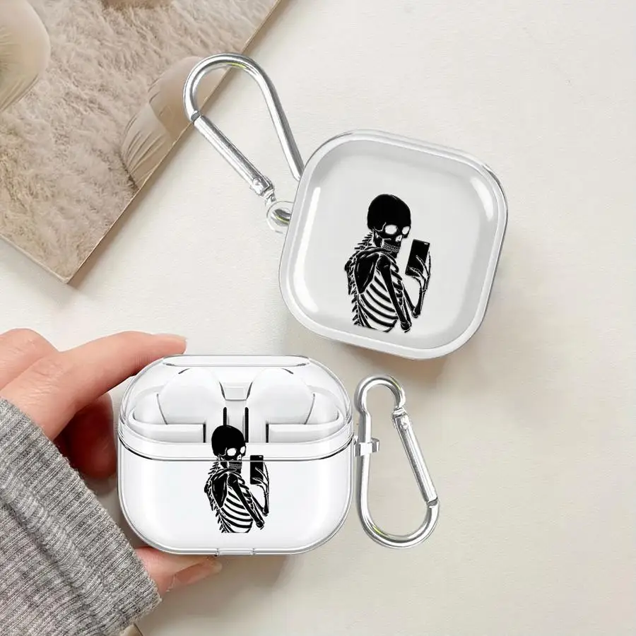 Black Black Skeleton Case For Samsung Galaxy Buds 3Pro 4Pro 2 4 Pro 2Pro 3 FE Live Clear Earphone Cases Cover With Hook