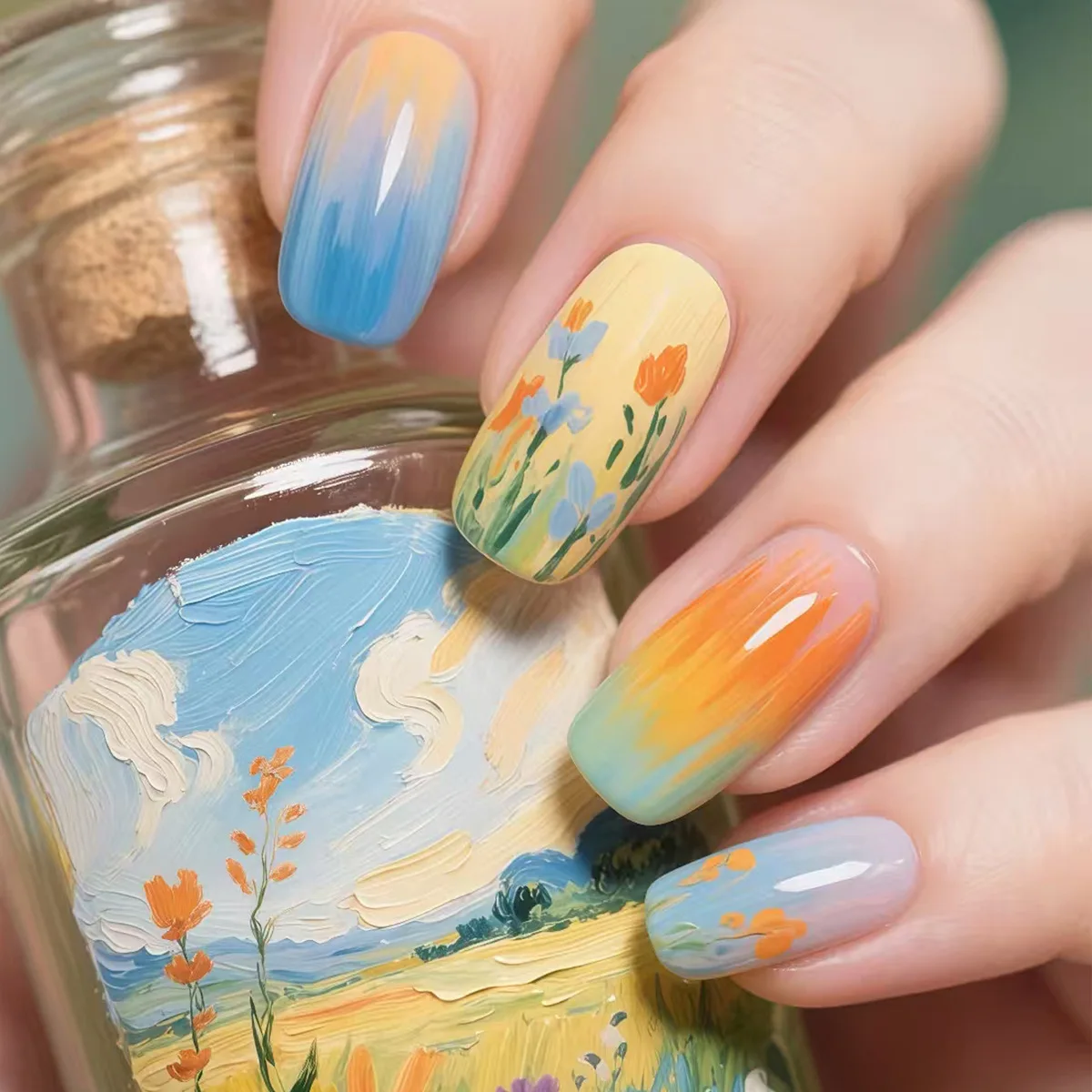 

24PCS Square Press on Nails Gradient Floral Pastel Oil Painting Style Design Reusable Acrylic Fake Nails Artistic Fresh Manicure