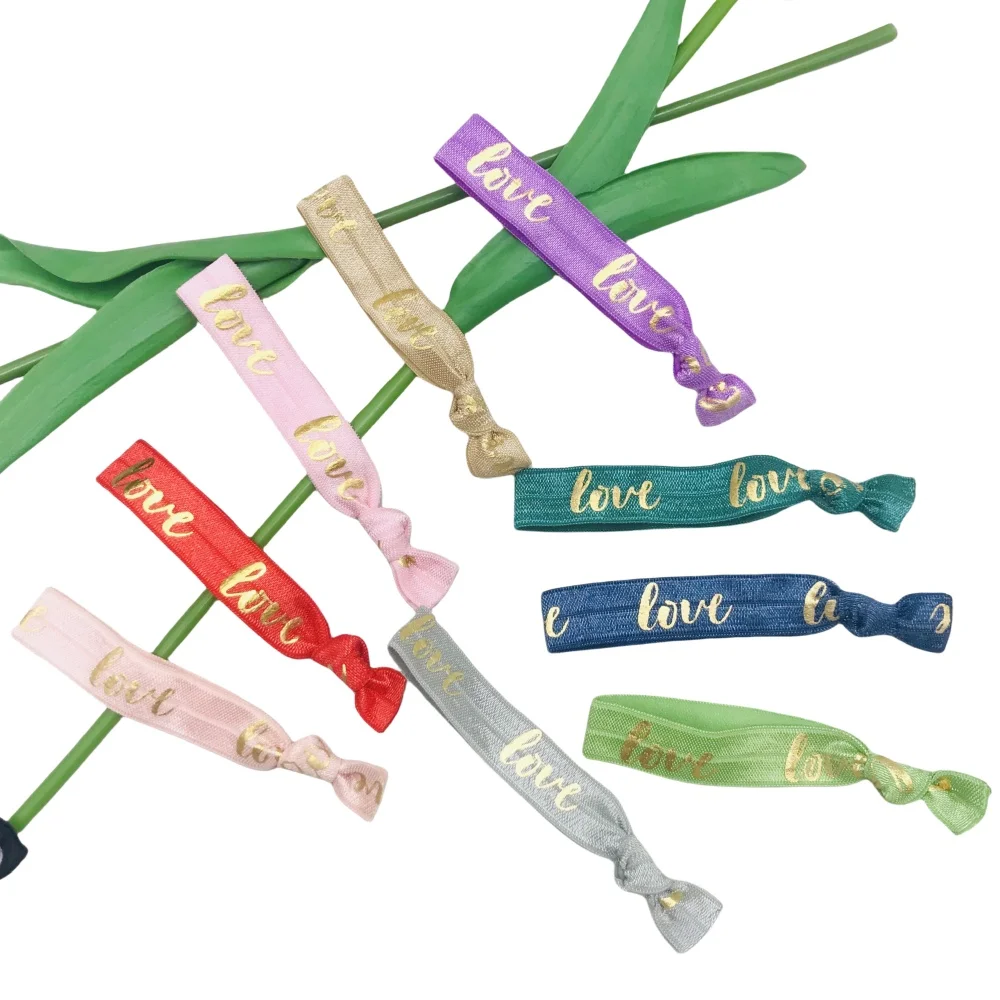 50Pcs/200Pcs Gold Foil Love Printed Knotted Hair Ties Ponytail Holders Letter No Crease Elastic Ribbon Band Hand Twist Bracelet
