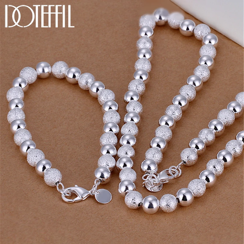 8mm Matte Smooth Bead Necklace Bracelet Silver Color Set For Woman Wedding Engagement Fashion Charm Jewelry