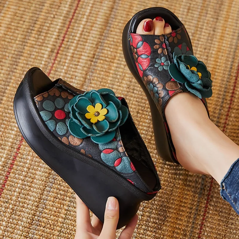 DRKANOL National Style Women Slippers Summer Printing Flowers Wedges Open Toe Slippers Outside Genuine Leather Platform Slides