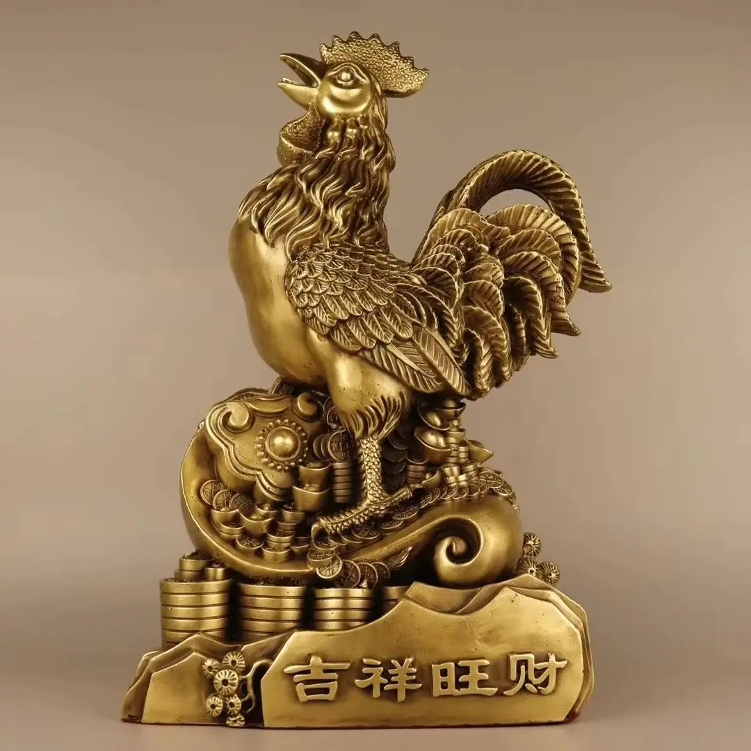 

13"Tibetan Temple Collection Brass Zodiac Rooster Gather fortune Yuanbao Coin Rooster Auspicious Prosperous Ornament Town house
