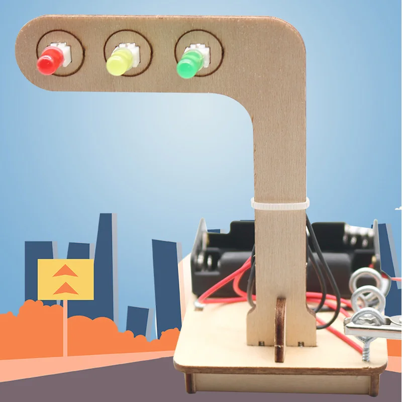 Mini Kids Science Experiment for Children Boys DIY Toys Wooden Traffic Light Led Student Gizmo Learning Education Toys Gift