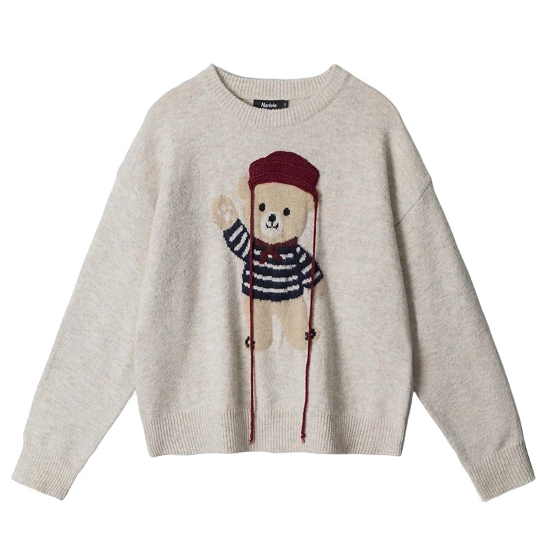 

Cute Bear Sweater Pullover Knit Jumper Autumn Winter Loose Warm Cartoon Embroidered Teddy Knitwear Long Sleeve Top Clothing