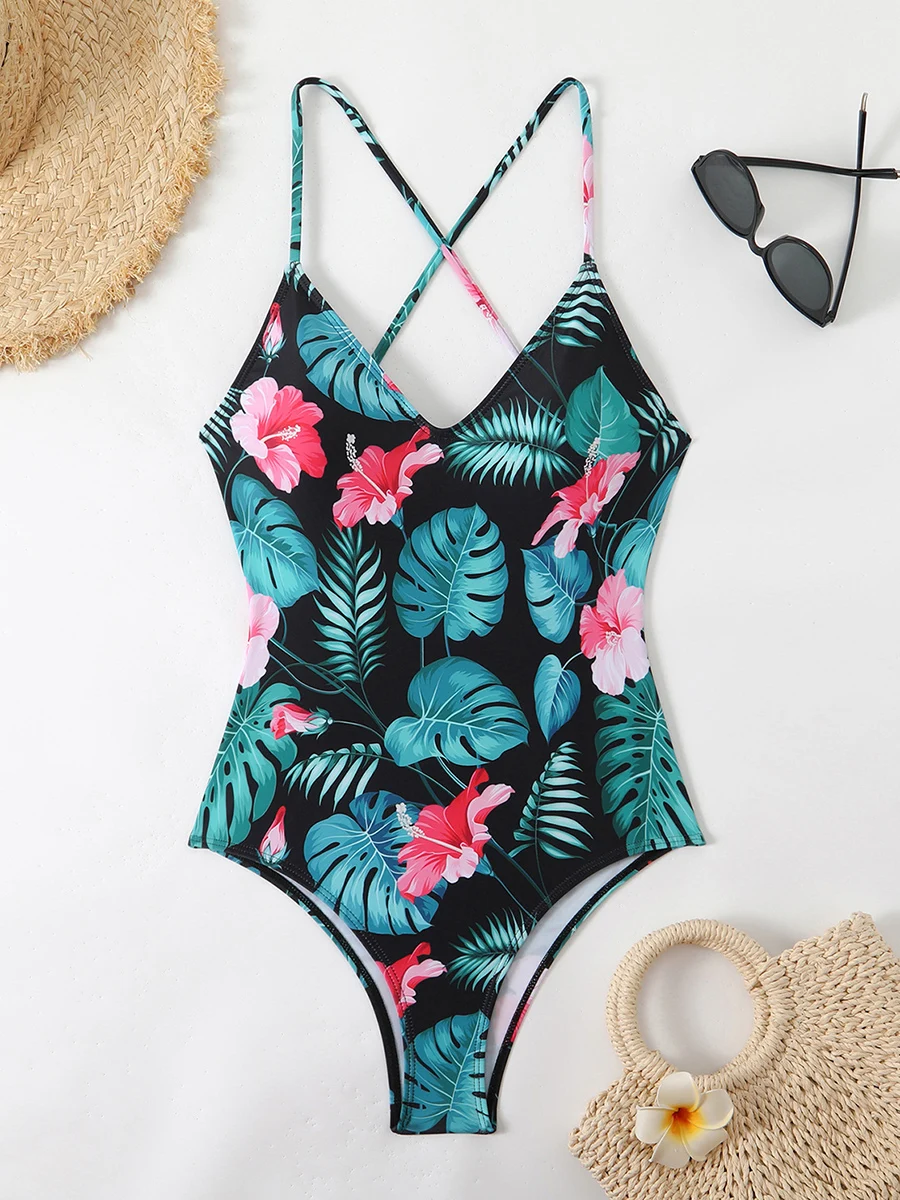 Sexy Floral One Piece Swimsuits Women Bathing Suit V Neck Swimwear Female Monokini Cross Backless Swimming for Suits Beachwear