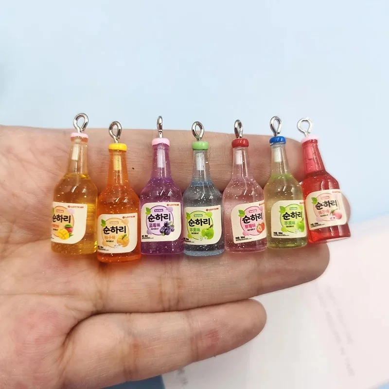 10pcs Shining Powder Floating Beverage Bottle Charms Korean Style Fruit Drink Resin Pendants DIY Jewelry Making Findings