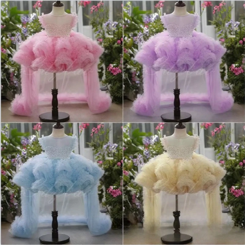 

Kids Formal Evening Dress Children New Sweep Train Gown Girls Princess Piano Performance Tutu Pageant Birthday Party Clothes
