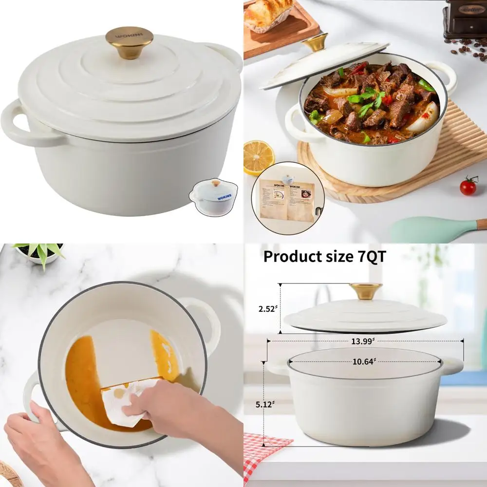 

Heavy-Duty 7QT Creamy White Enameled Cast Iron Dutch Oven Pot with Lid - Perfect for Bread Baking, Braising, Stews, and Roasting