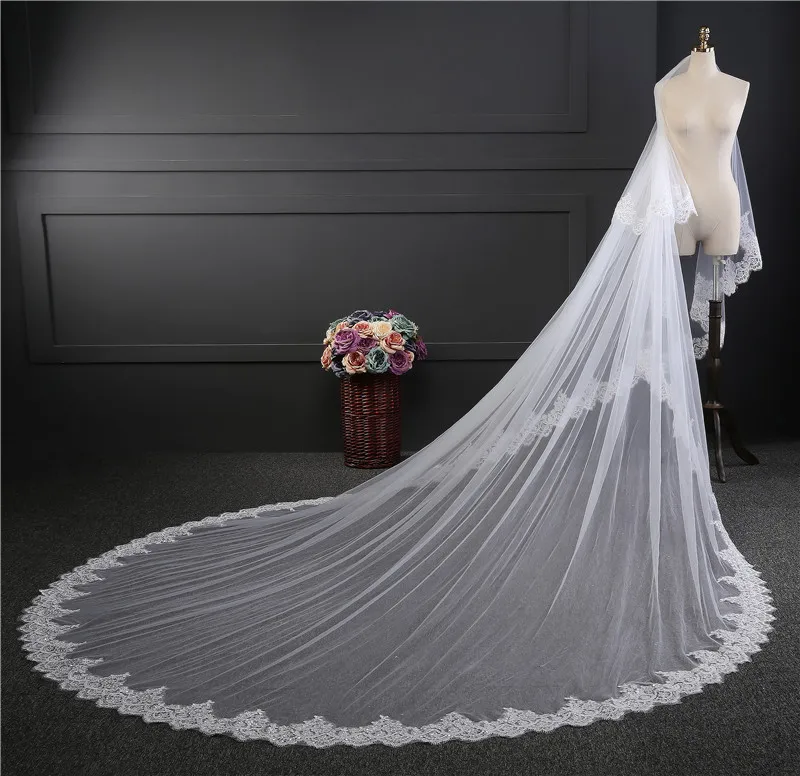 Real Photo Bridal Veils Lace Sequined Super Wide Long Trailing Wedding Hair Accessories Cathedral Elegant Cover Face Mariage