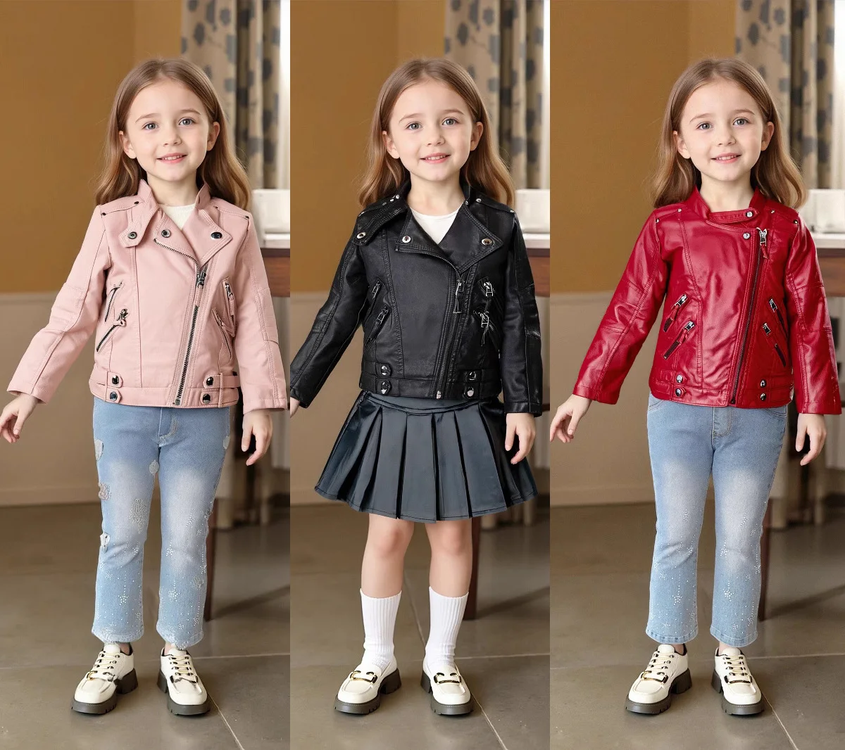 2-12Y الفتيات عيد الميلاد الوردي الأحمر دراجة نارية بولي Leather سترة جلدية الأطفال مقاوم للماء يندبروف معطف في سن المراهقة الاطفال الشارع التصوير ارتداء