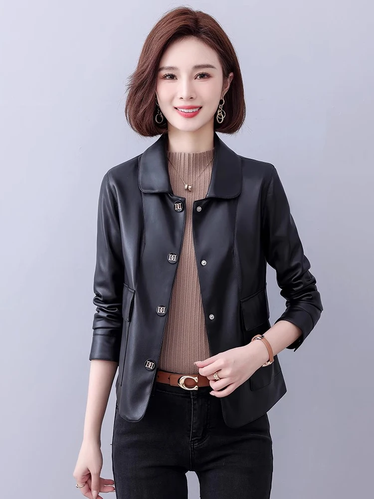 New Women Sweet Leather Jacket Spring Autumn Fashion Turn-down Collar Single Breasted Short Coat Split Leather Casual Jacket