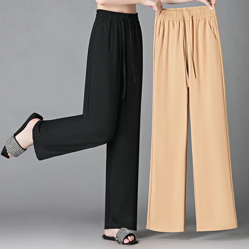 

Summer New Versatile Ice Silk Narrow Edition Wide Leg Pants Women'S High Waist Skinny Comfortable Casual Straight Leg Trousers