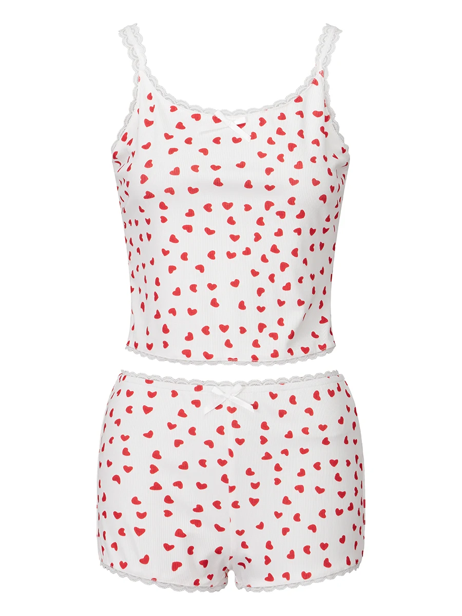 

Женский пижамный комплект из 2 предметов, топы на бретельках без рукавов с цветочным сердечком и вишневым принтом, повседневные шорты, комплекты одежды для сна
