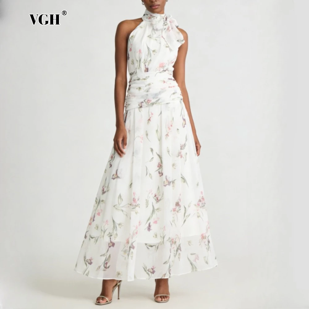 VGH White Loose Spliced Printing Chic Dresses for Women Turtleneck Sleeveless French Intellectual Dress Female Summer Fashion