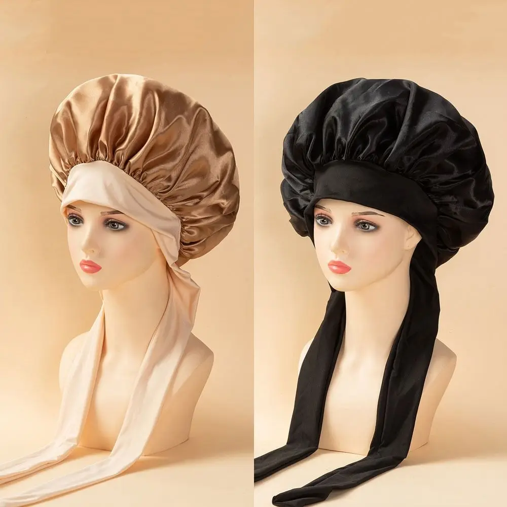 Satin Material Sleeping Bonnet Adjustable Strap Solid Color Hair Care Cap Soft Wide Brim Design Protective Hair Bonnet