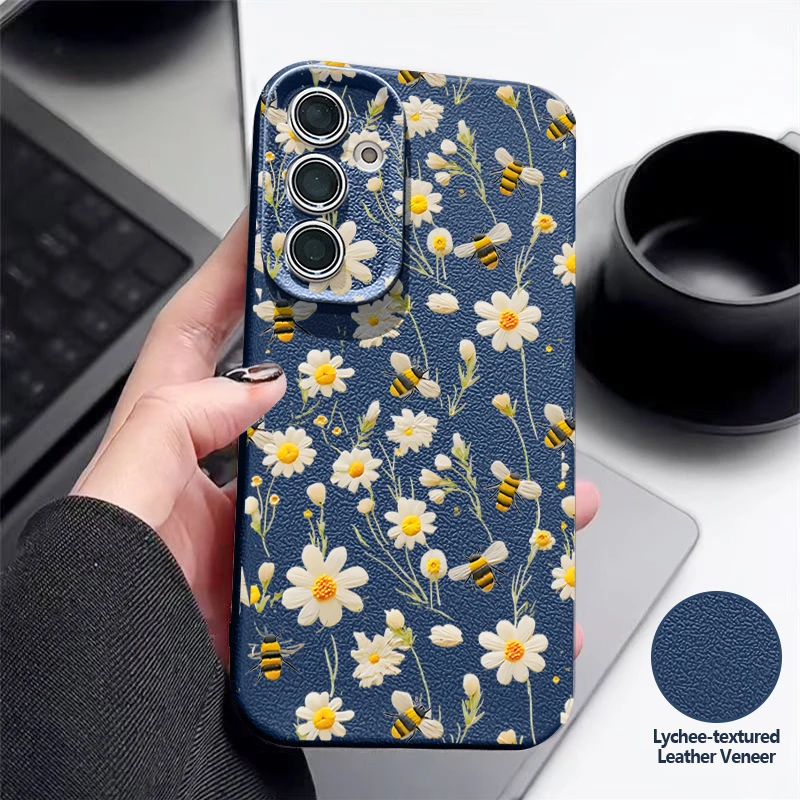 Bee Flower Pattern Silicone Phone Case For Samsung Galaxy S26 S25 S24 Ultra S26 S25 FE A18 A57 A17 A56 A55 A37 A36 A16 A54 Cover
