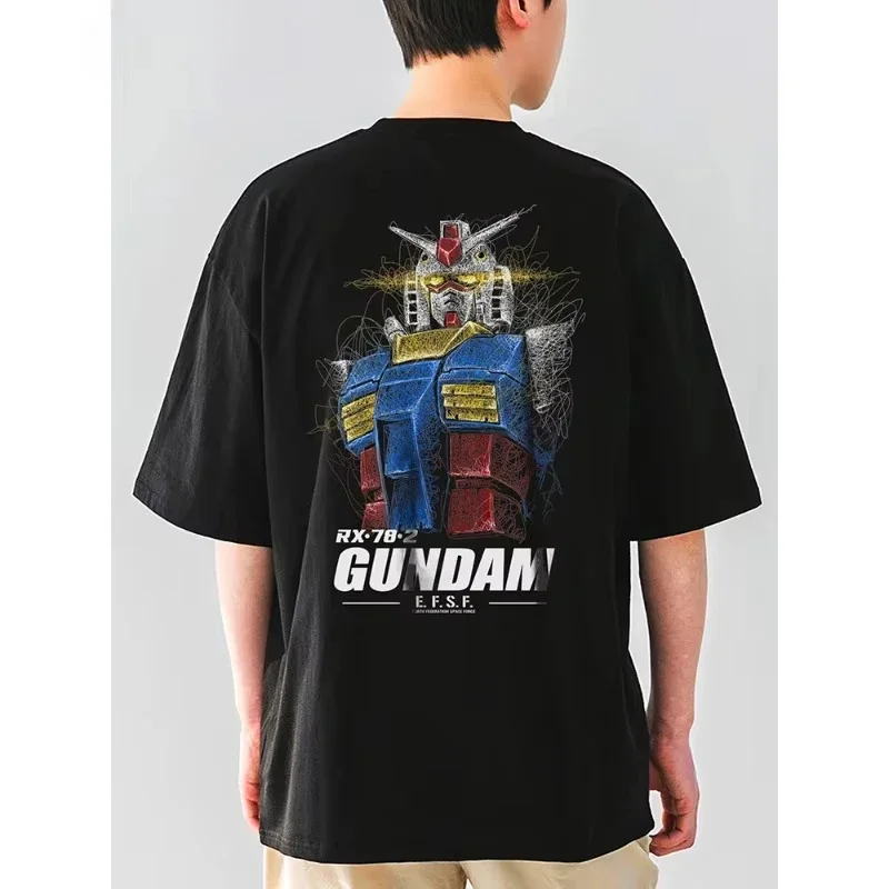 

Original Design Pure Cotton Heavy Motor Gundam Cartoon Cartoon Printed Men's and Women's Loose Large Women Short Sleeve T-shirt