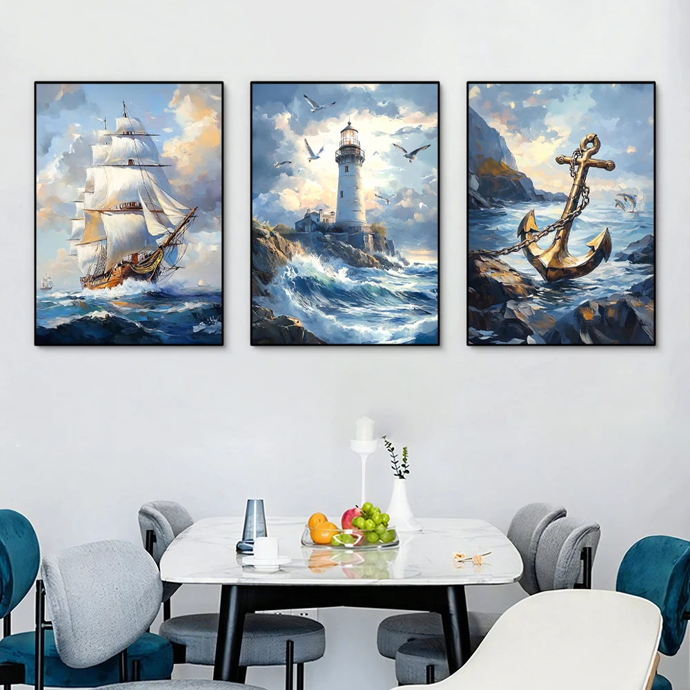 1PC/3PCS Landscape Sailboat Ocean Poster Canvas Painting Prints Sky Blue Sea Wave Wall Art for Living Room Home Decor Frameless