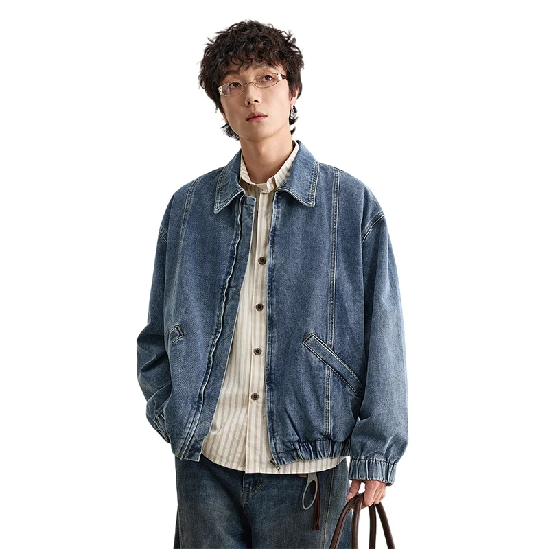 

Men's Washed Cargo Denim Jacket Streetwear Autumn Color Block Patchwork Turn-down Collar Workwear Jacket With Multi Pocket