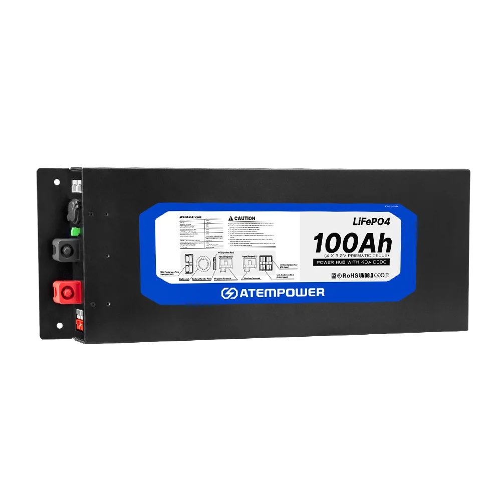 ATEM POWER New Style 12V 100AH Slimline Lifepo4 Lithium Battery With In-Built 40a Dc-Dc Charger And Power Hub