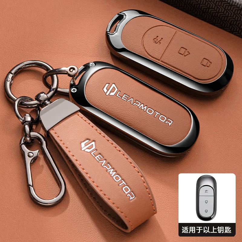 Autozubehör Schlüsselhülle aus Zinklegierung und Leder mit Kette für Leapmotor C16 C11 C10 C01 B10 T03 S01 Schlüsselschutzhülle – Detail 6