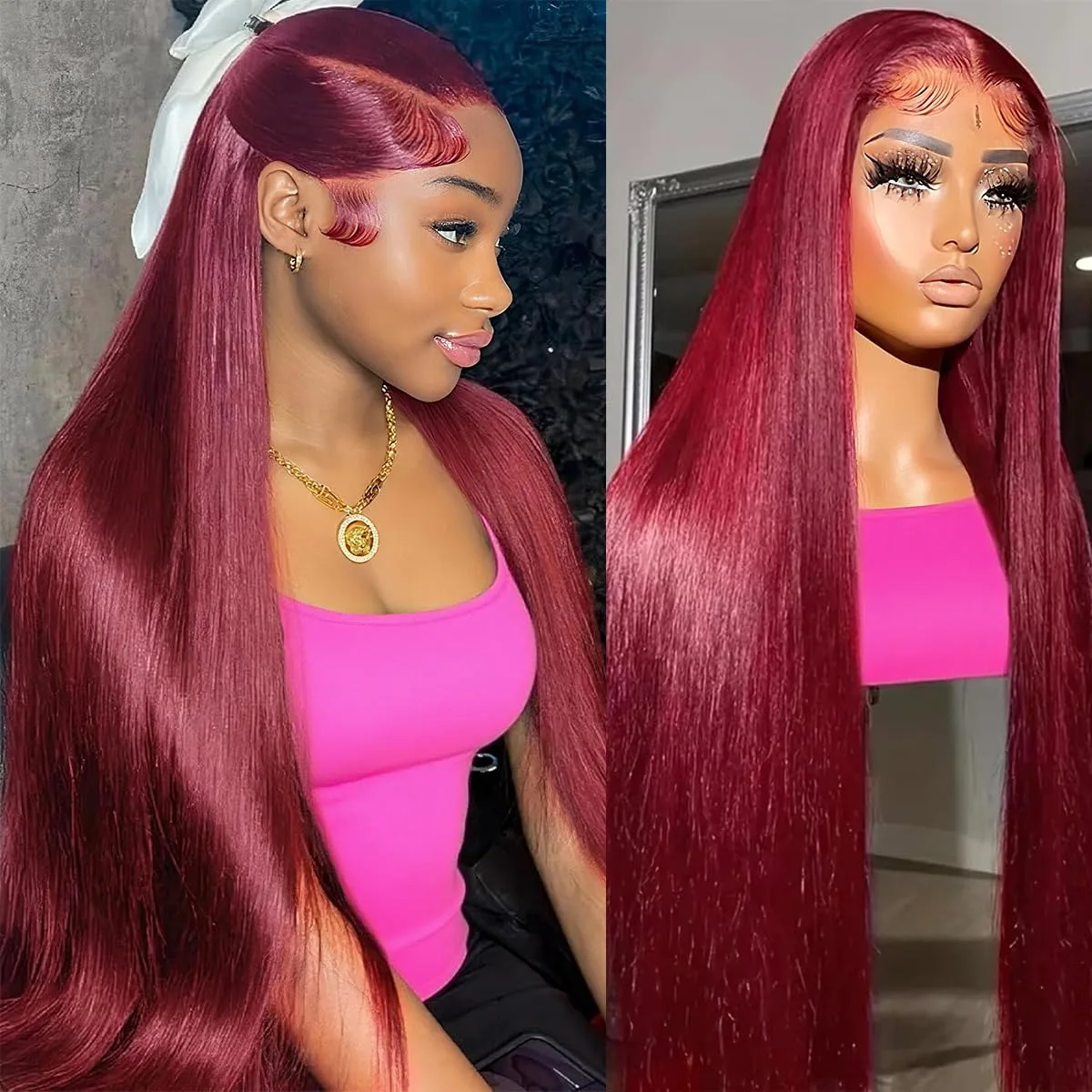 

42 дюйма 99J Бордовый 13x4 Парики фронта шнурка Человеческие волосы 200% Плотность 13x6 HD Прозрачный прямой парик фронтальной части шнурка Красные цветные парики