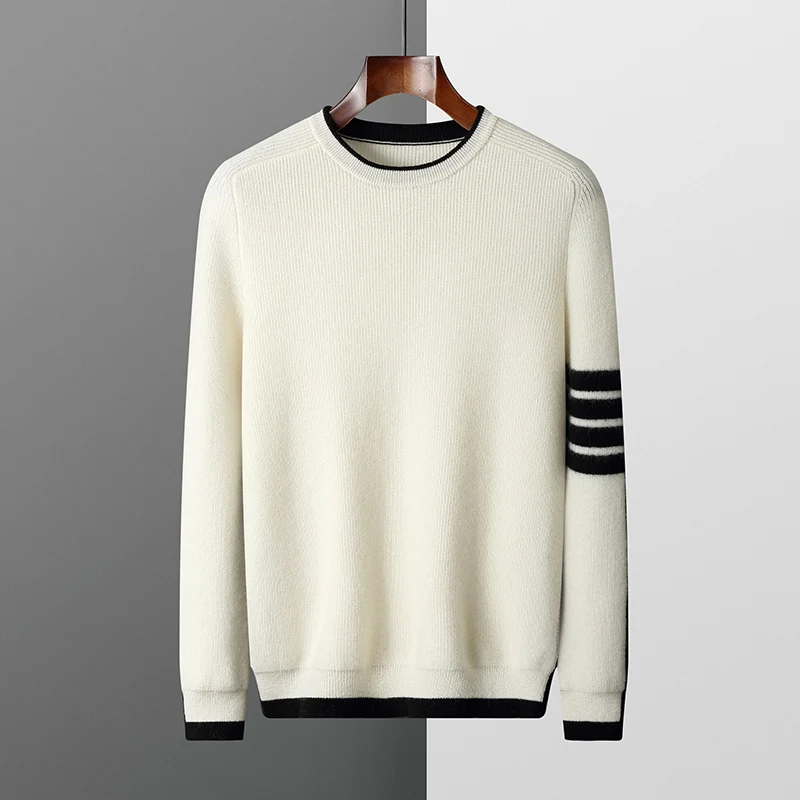 24 autumn and winter new luxury fashion high-end men's 100% merino wool sweater warm soft sweater long sleeve business casual pu