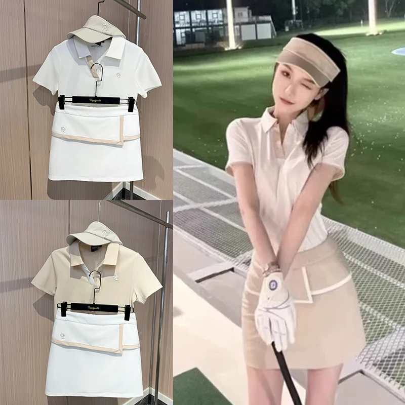PL Women Short Sleeve Golf Polo Shirts Summer Lightweight Small V-neck Slim Tops Lady Golf Pencil Skirt A-lined Casual Skorts