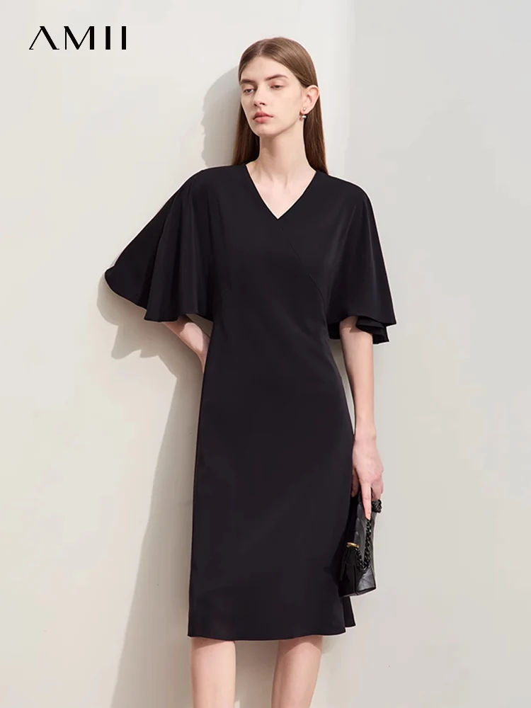 Amii Minimalism 2024 Summer New V-neck Flared Sleeve Women Dresses Office Lady Female Slim A-line French Chiffon Dress 12442140