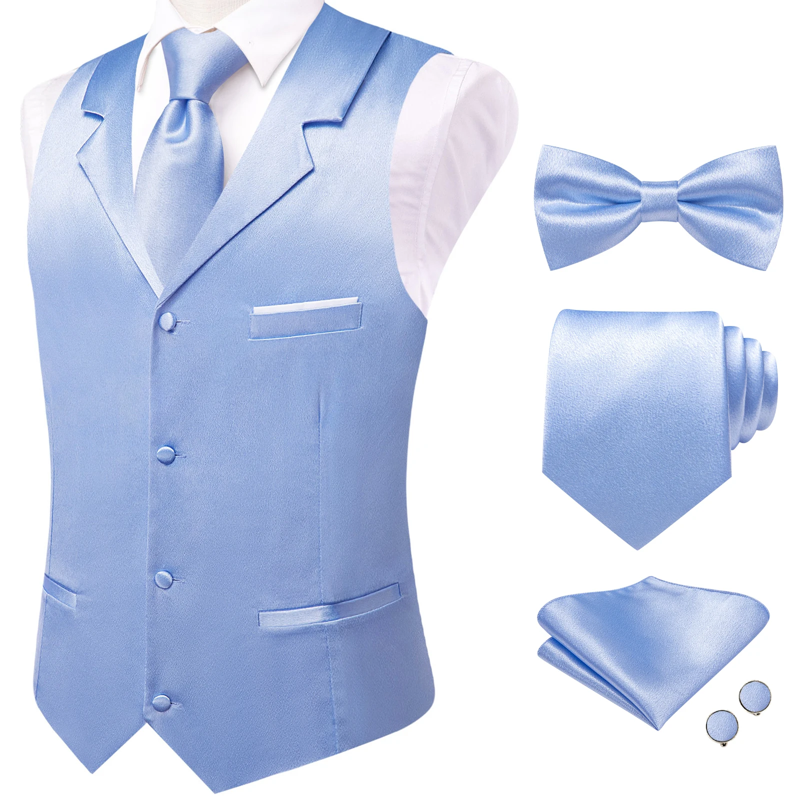 VerveRow Men Lapel Collar Satin Waistcoat 5‑Pcs Set Vest+Necktie+Bow Tie+Pocket Square+Cufflinks, Blue/Teal/Pink/Red/Navy