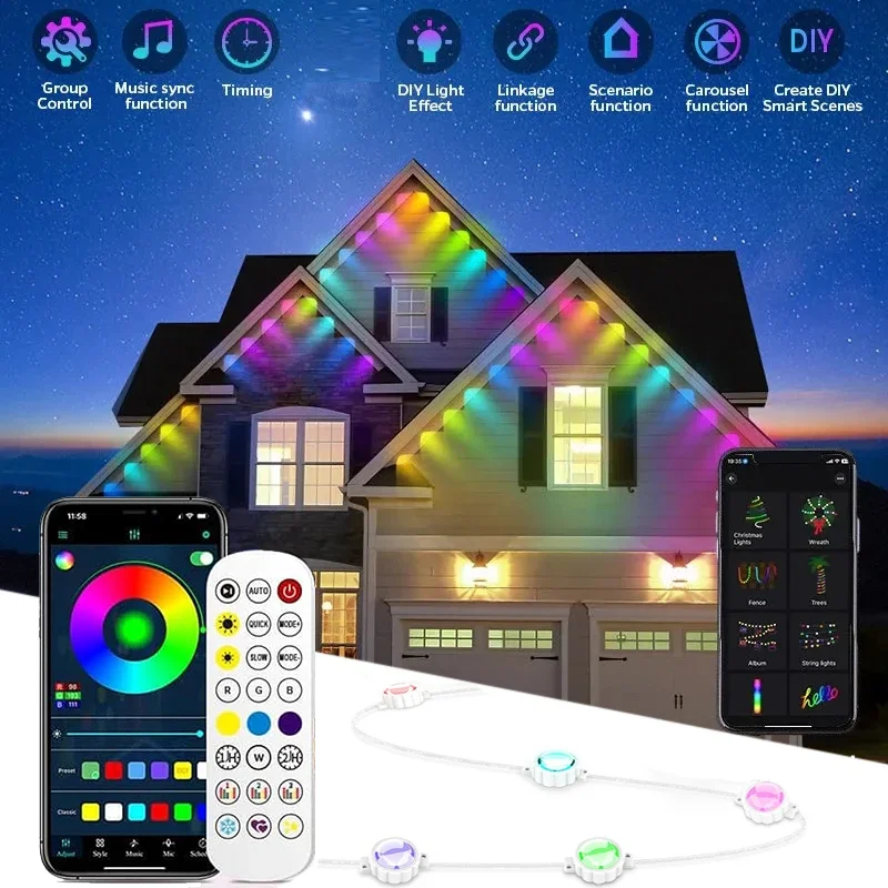 Smart Eaves Light Permanent Outdoor IP67 Waterproof LED Lights Remote APP DlY Music Sync Timer String Lighting for House Holiday