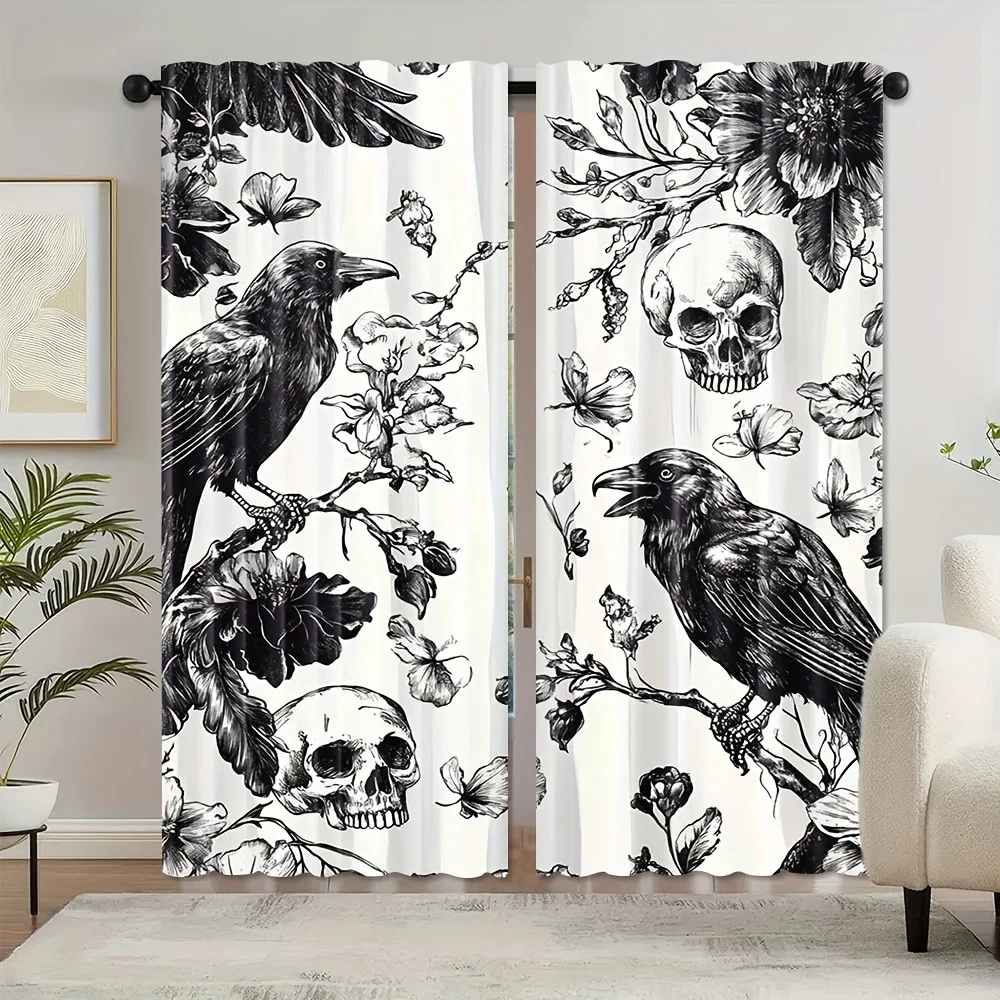 Vorhänge mit Krähen- und Totenkopfmotiv, schwarz-weiß, Kunstdruck, Fenstervorhänge, Gothic-Natur-Design, Heimdekoration, Wohnzimmer, Schlafzimmer, dunkle Ästhetik