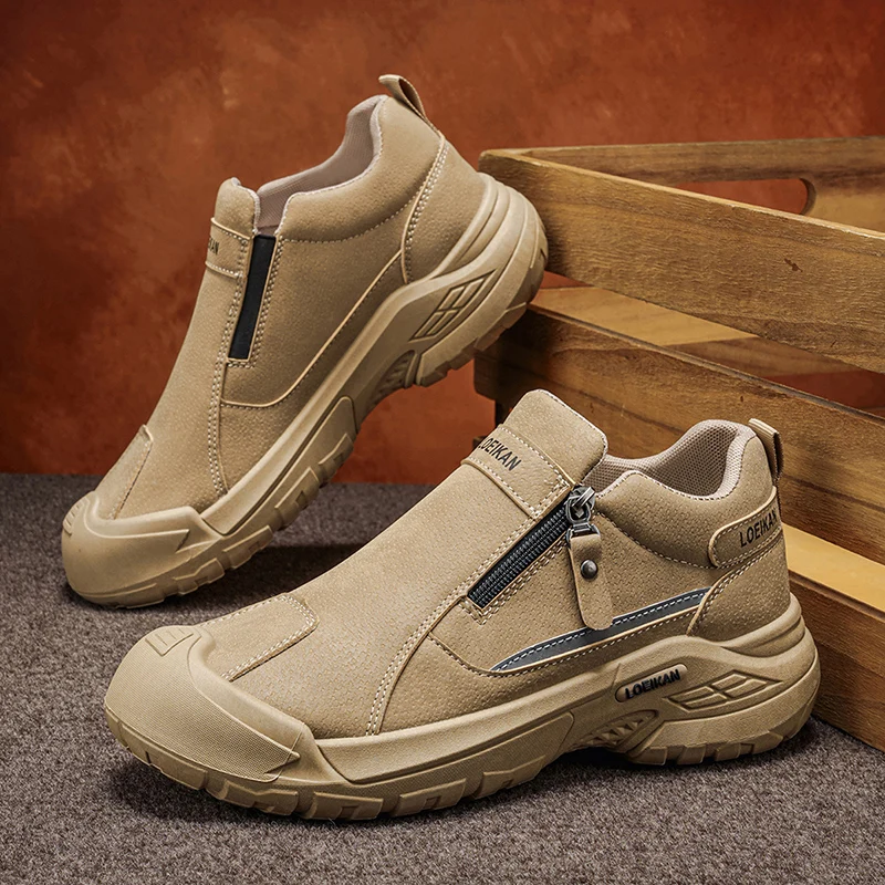 Men's Wide Fit Side Zip Work Sneakers, Anti-Collision Thick Sole Slip-On Shoes for Outdoor & Daily Commute
