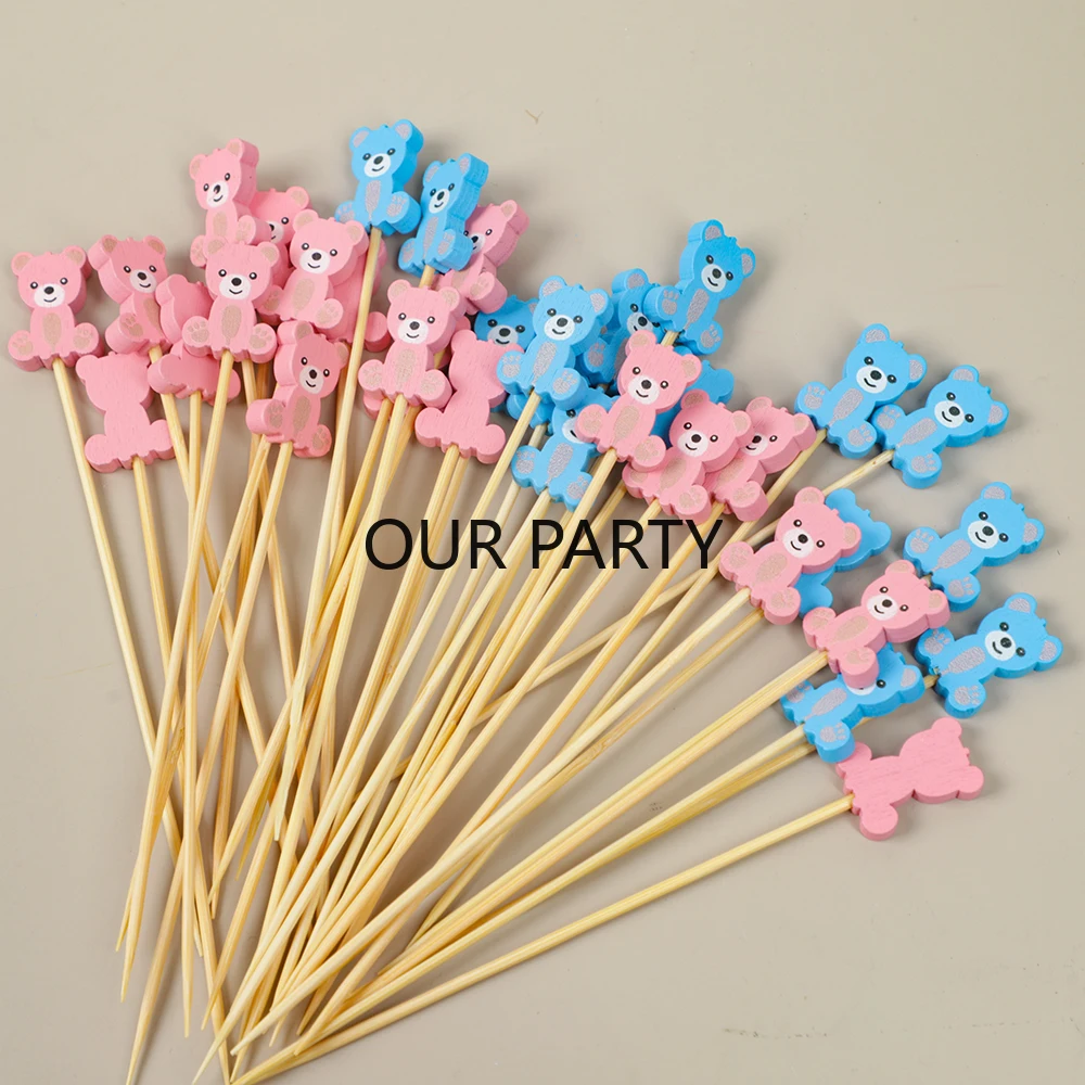 100Pcs Colorful Bear Theme Bamboo Fruit Forks Gender Reveal Buffet Dessert Pick for Kids Birthday Baby Shower Party Decoration