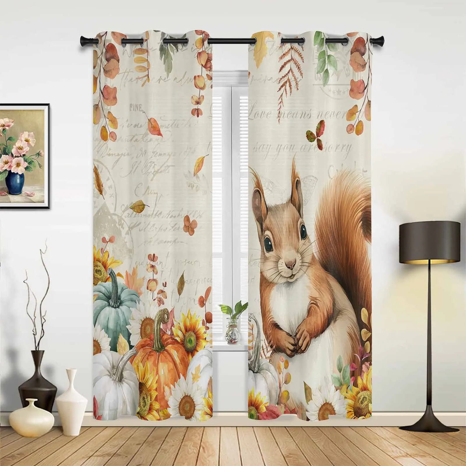 Thanksgiving Pumpkin Sunflower Squirrel Vintage Curtains for Bedroom Living Room Drapes Kitchen Window Curtain Home Decor