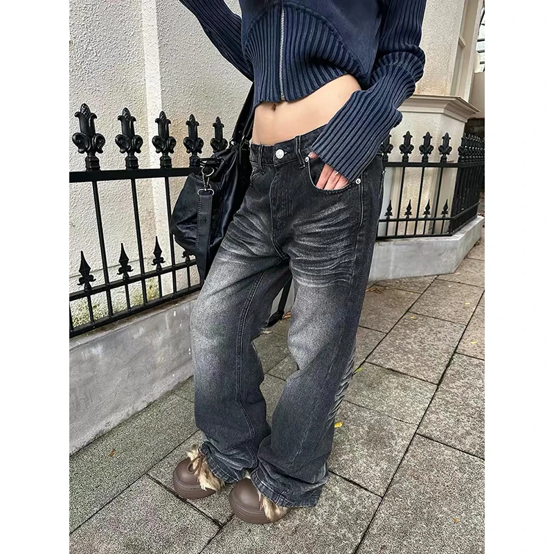 YIBASHU Women Black Gothic Y2k Jeans Vintage 2000s Harajuku Jean Pants Japandi Style Baggy Denim Trousers Alternative Clothes