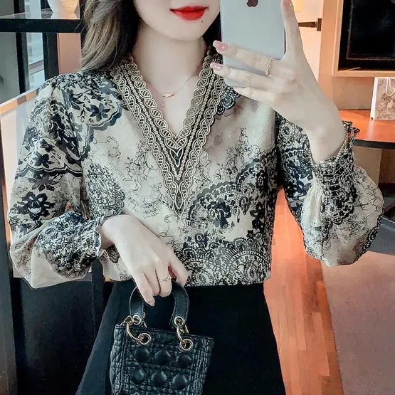 Vintage Spring Autumn Women\'s V-Neck Printing Lace Patchwork Puff Sleeve Temperament Fashion Loose Long Sleeve Chiffon Shirt Top